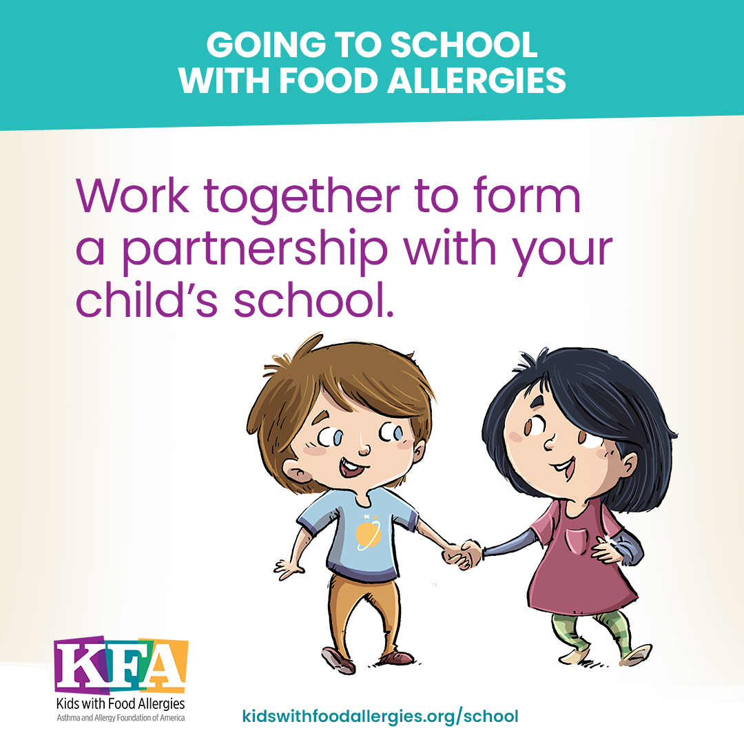 A cartoon of two children holding hands that says: Going to school with asthma or allergies - Work together to form a partnership with your child's school