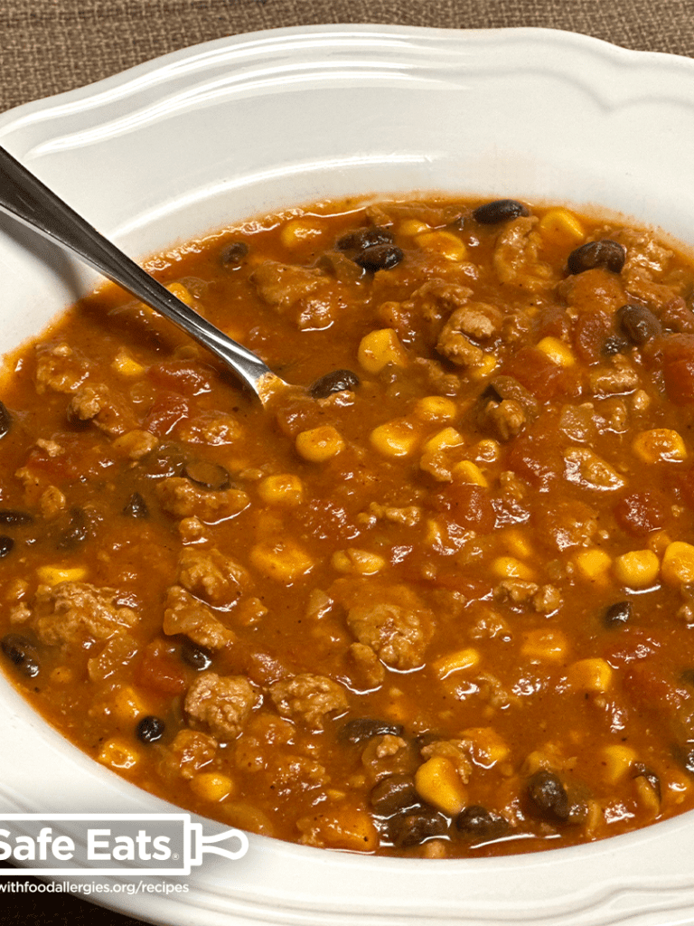 A bowl of allergy-friendly pumpkin turkey chili