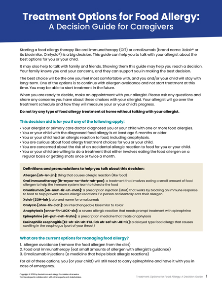 The cover of the Treatment Options for Food Allergy: A Decision Guide for Caregivers