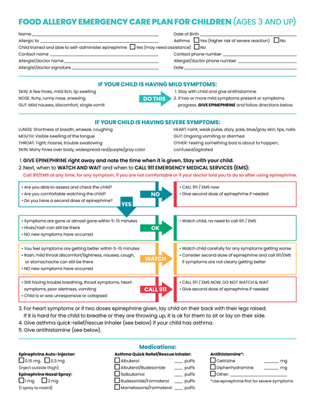 Food allergy emergency care plan for children (age 3 and up)