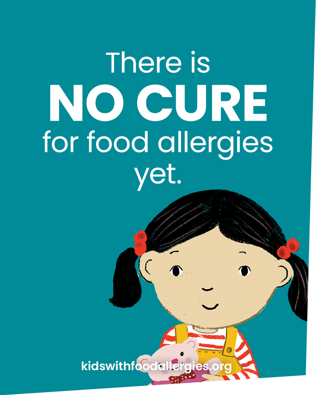 A teal background with an illustration of a child and the text: There is no cure for food allergies yet.