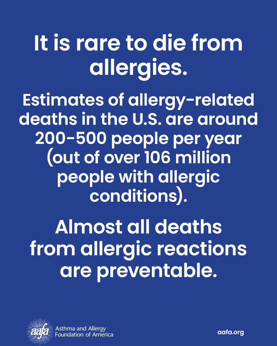 Dark blue graphic with text providing details on how rare it is to die from allergies.